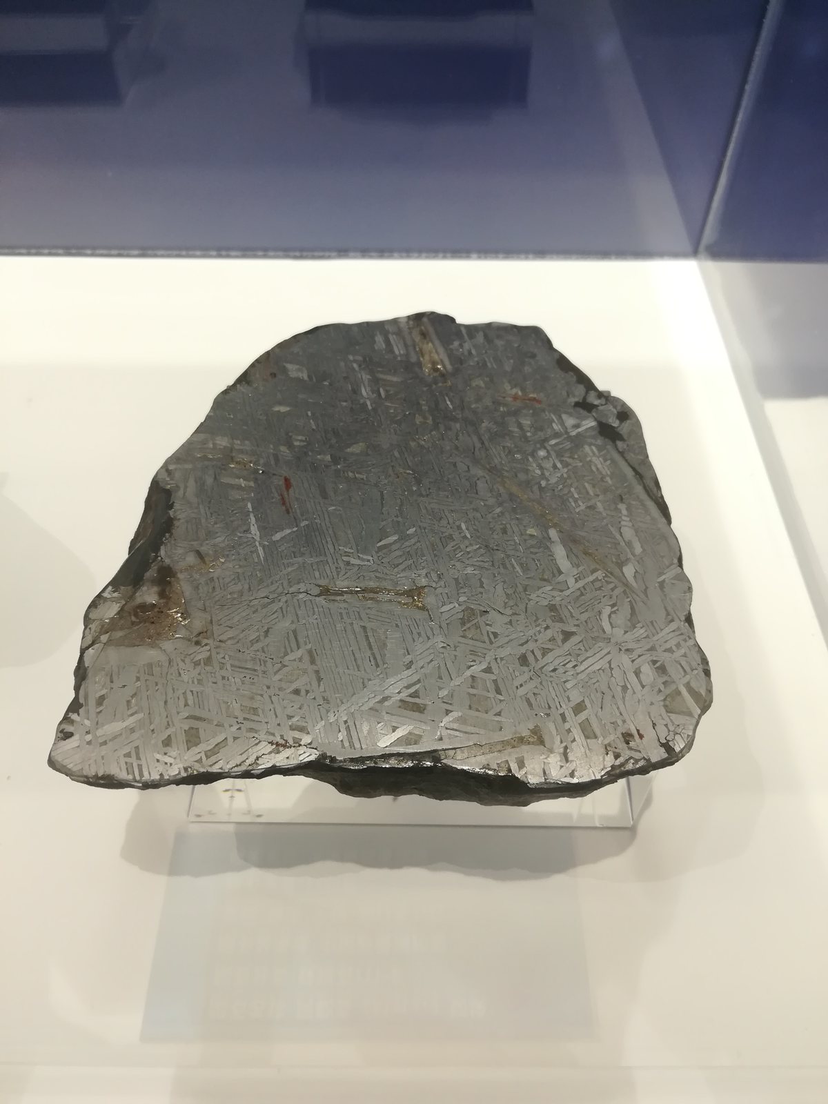 Grande tranche gravée de la météorite ferreuse Aletai montrant les figures de Widmanstätten, en vitrine