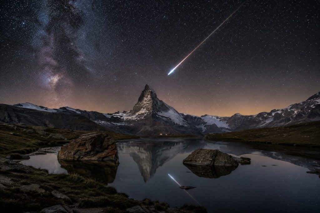 Météore traversant le ciel étoilé au-dessus d'un sommet alpin, reflet dans un lac (illustration)