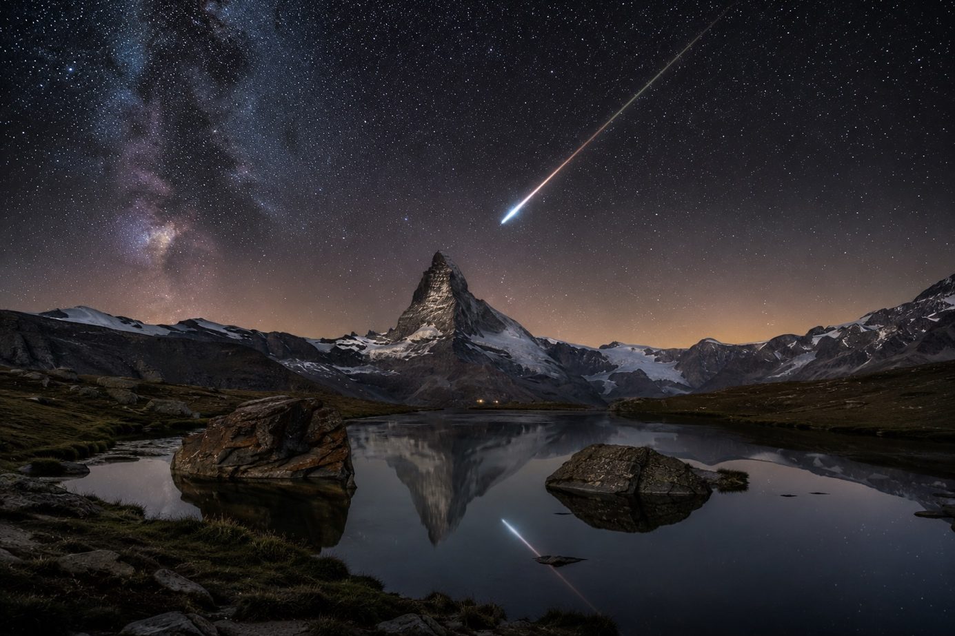 Météore traversant le ciel étoilé au-dessus d'un sommet alpin, reflet dans un lac (illustration)