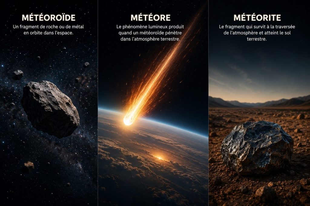 Schéma des trois états : météoroïde dans l'espace, météore dans l'atmosphère, météorite au sol