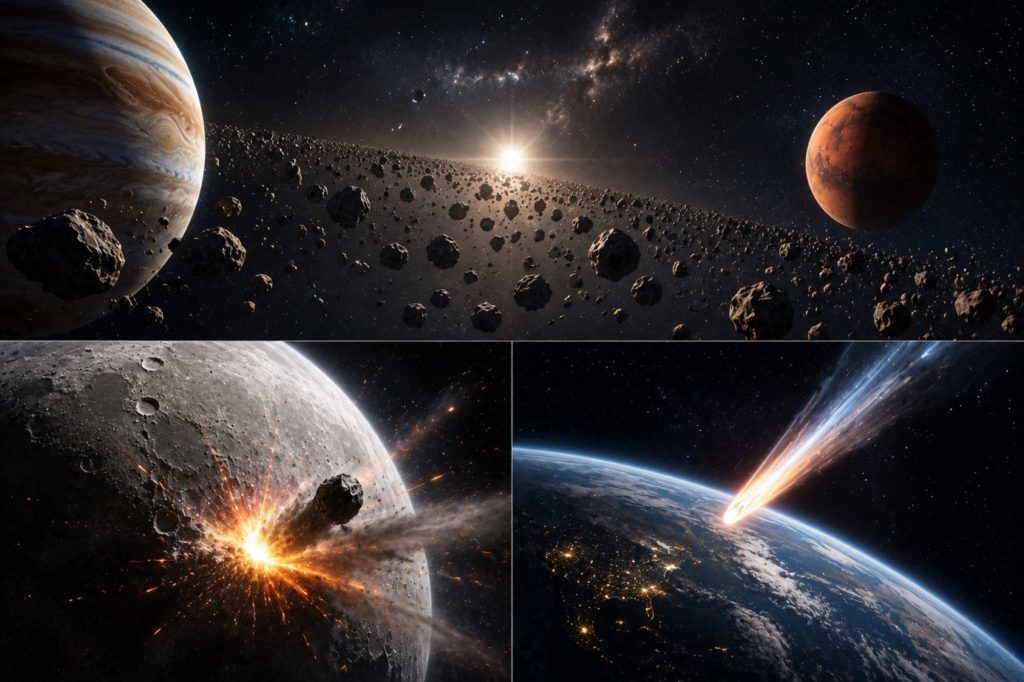 Schéma des réservoirs de météorites : ceinture d'astéroïdes, impacts, entrée atmosphérique