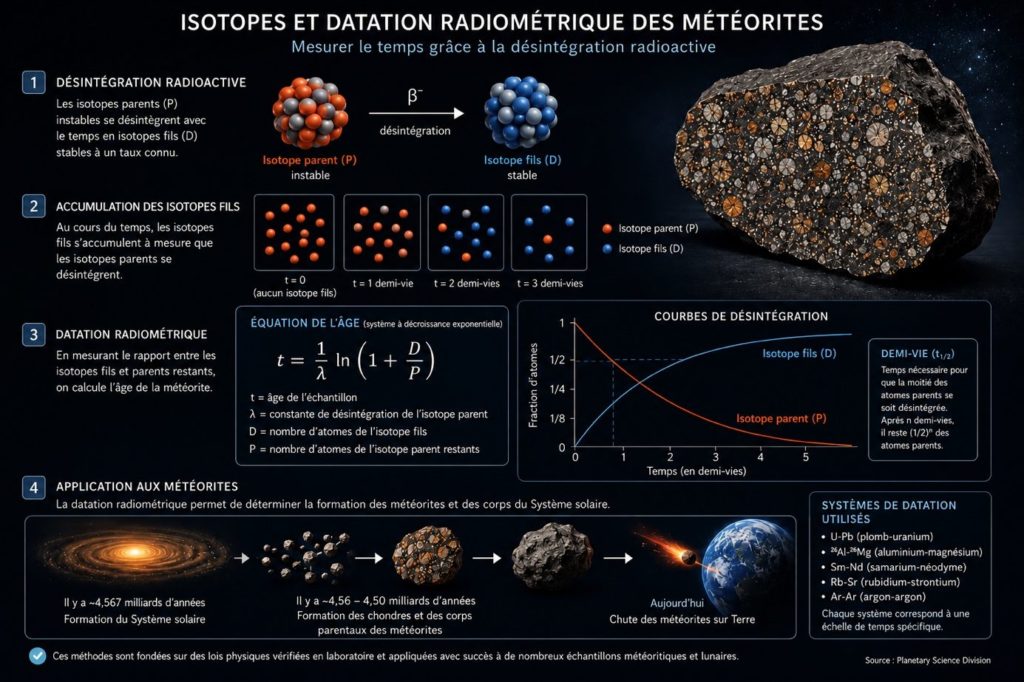 Schéma du principe de la datation radiométrique appliquée aux météorites
