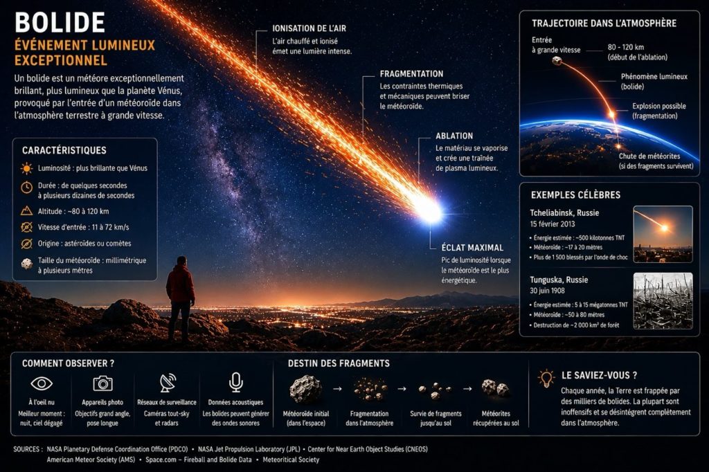 Schéma de l'anatomie d'un bolide, de l'entrée atmosphérique à la chute de météorites
