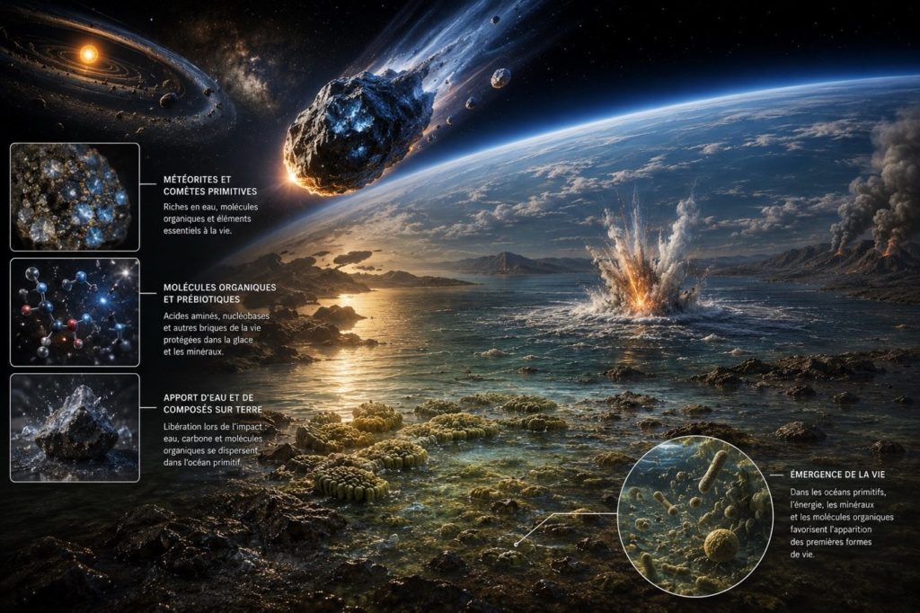 Schéma de l'apport d'eau et de molécules organiques par les corps primitifs sur la Terre archéenne