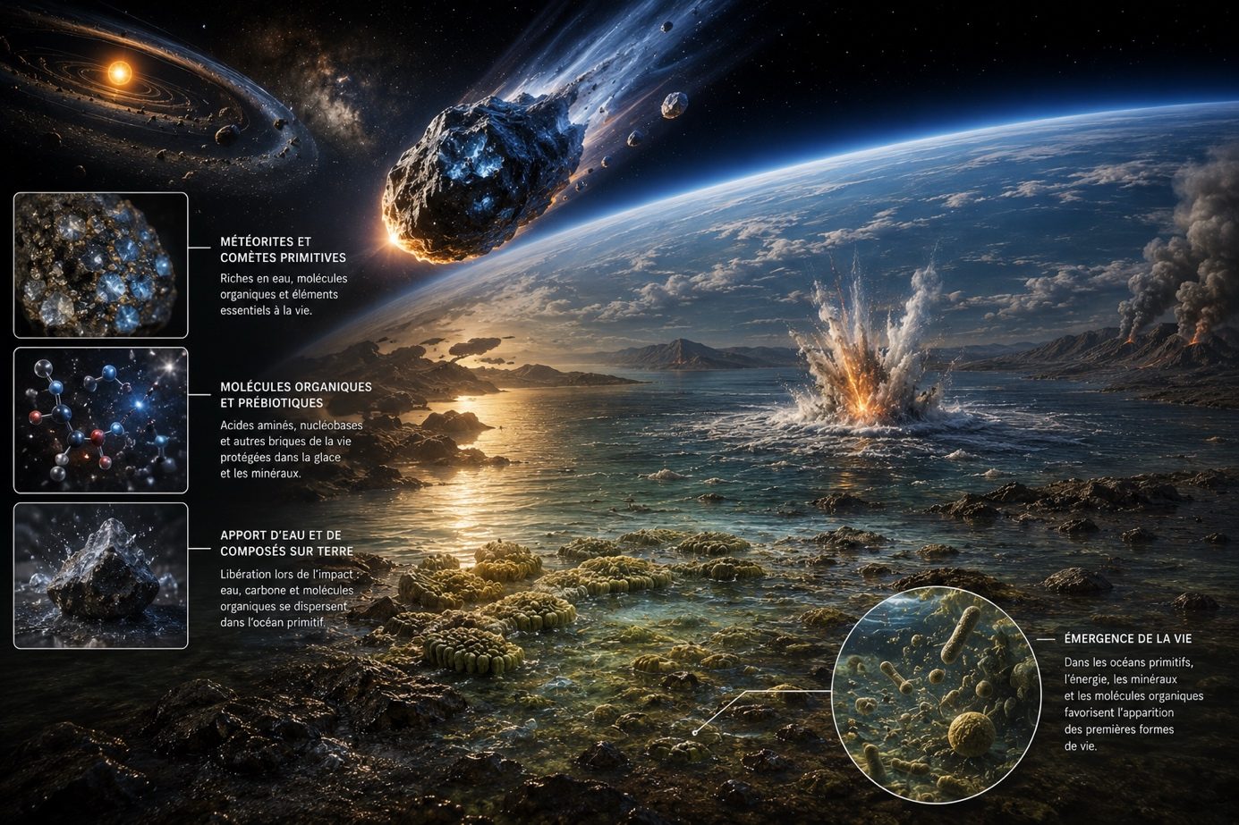 Schéma de l'apport d'eau et de molécules organiques par les corps primitifs sur la Terre archéenne