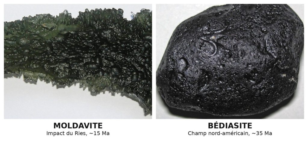 Moldavite verte sculptée et bédiasite noire, deux tectites de champs de dispersion différents
