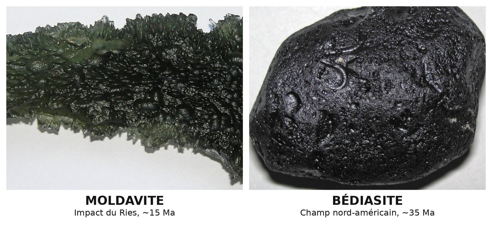 Moldavite verte sculptée et bédiasite noire, deux tectites de champs de dispersion différents