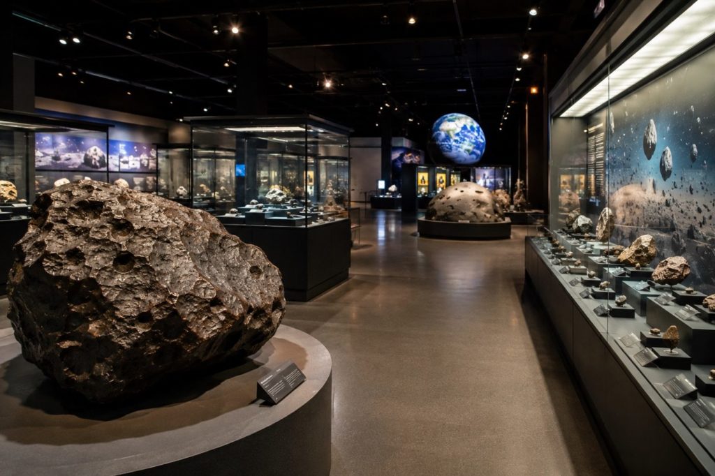 Galerie de musée consacrée aux météorites, vitrines et grands spécimens (illustration)