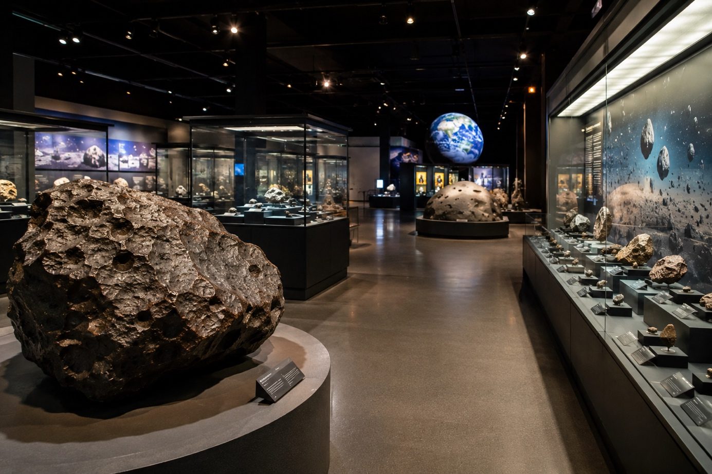 Galerie de musée consacrée aux météorites, vitrines et grands spécimens (illustration)