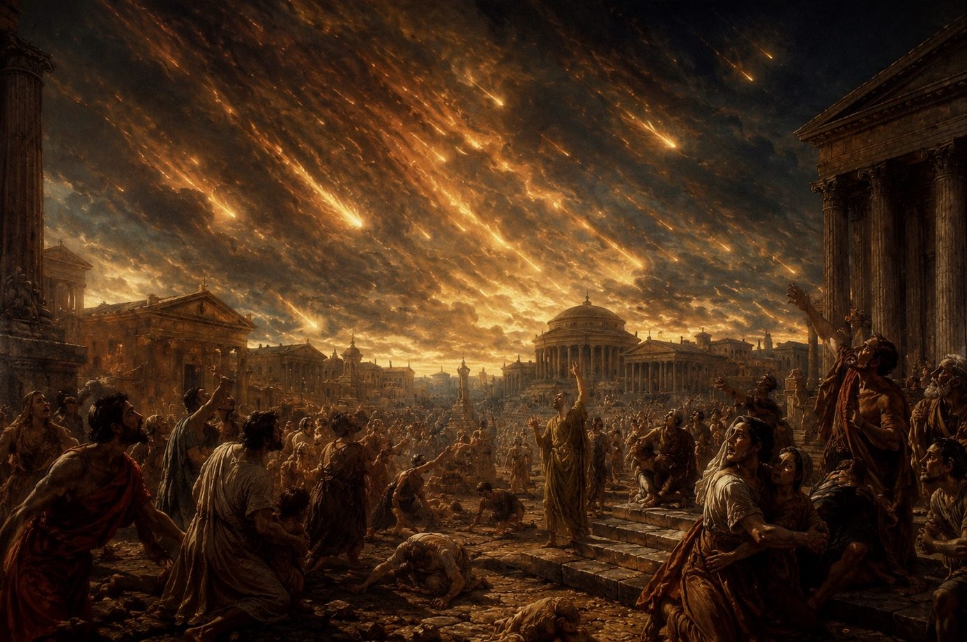 Pluie de météores au-dessus d'une cité antique, scène d'évocation historique (illustration)