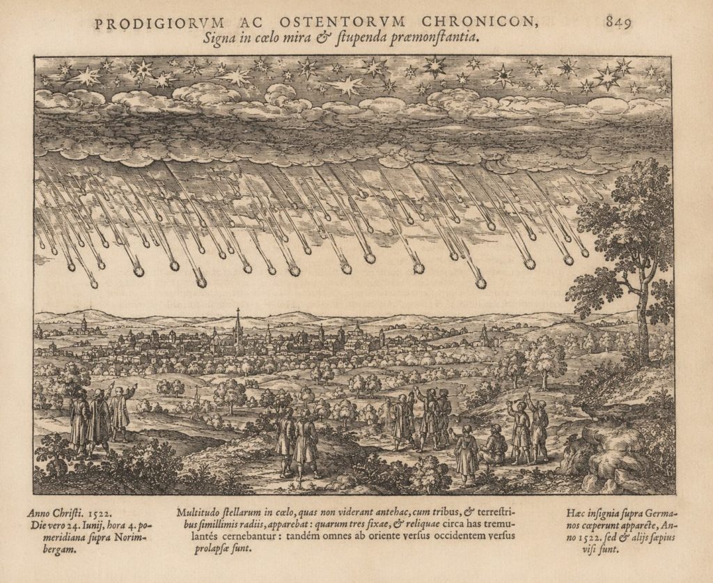 Pluie d'étoiles sur Nuremberg en 1522, dans le style des chroniques de prodiges (illustration)