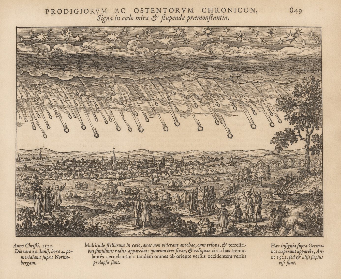 Pluie d'étoiles sur Nuremberg en 1522, dans le style des chroniques de prodiges (illustration)