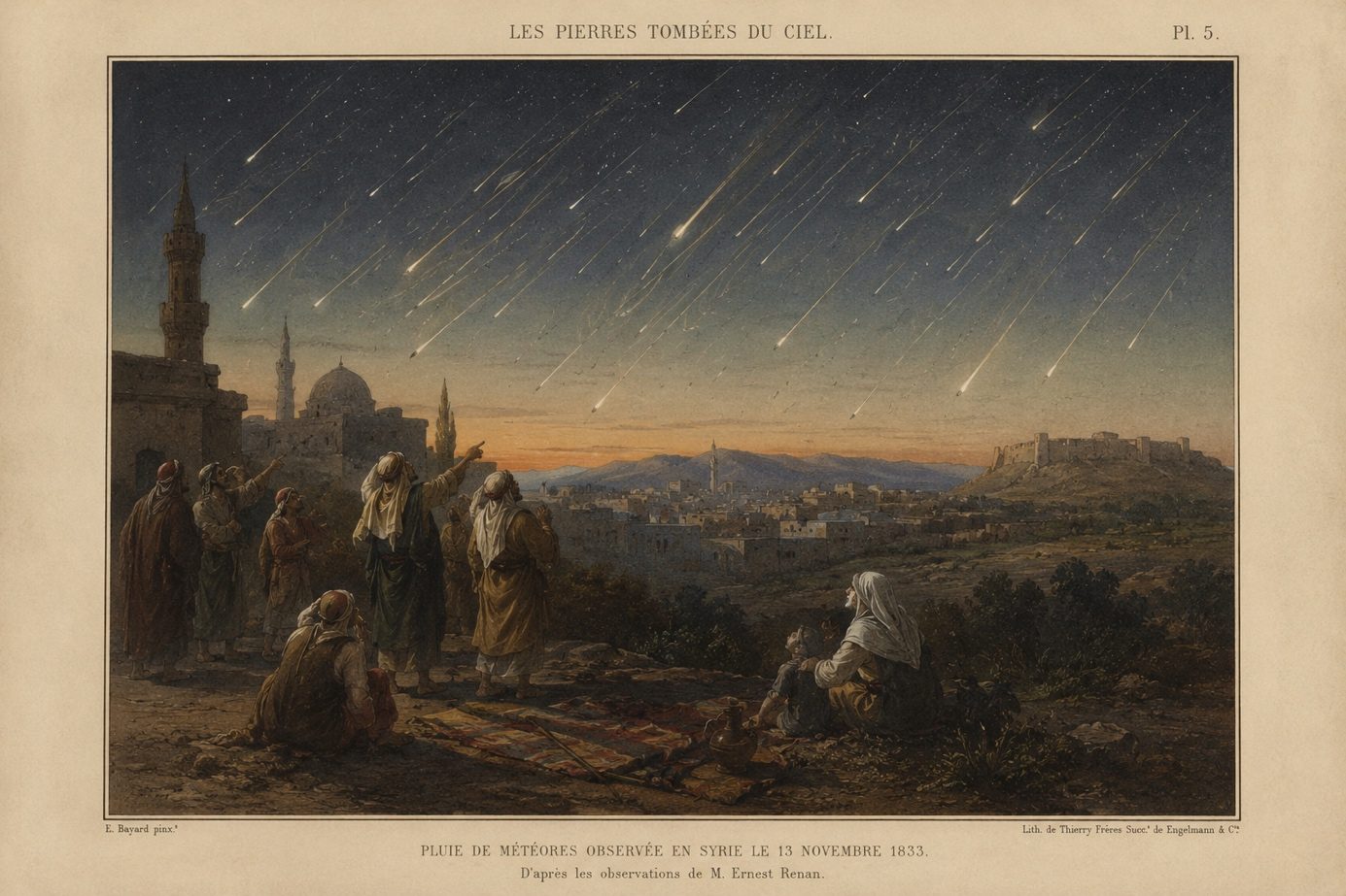 Évocation de la pluie de météores des Léonides de 1833 dans le style des planches du XIXe siècle (illustration)