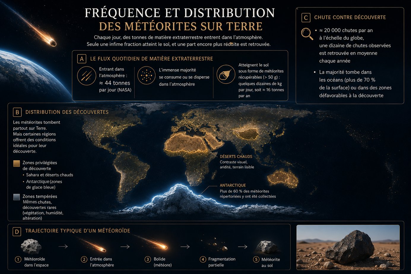 Infographie du flux quotidien de matière extraterrestre et des zones de découverte de météorites