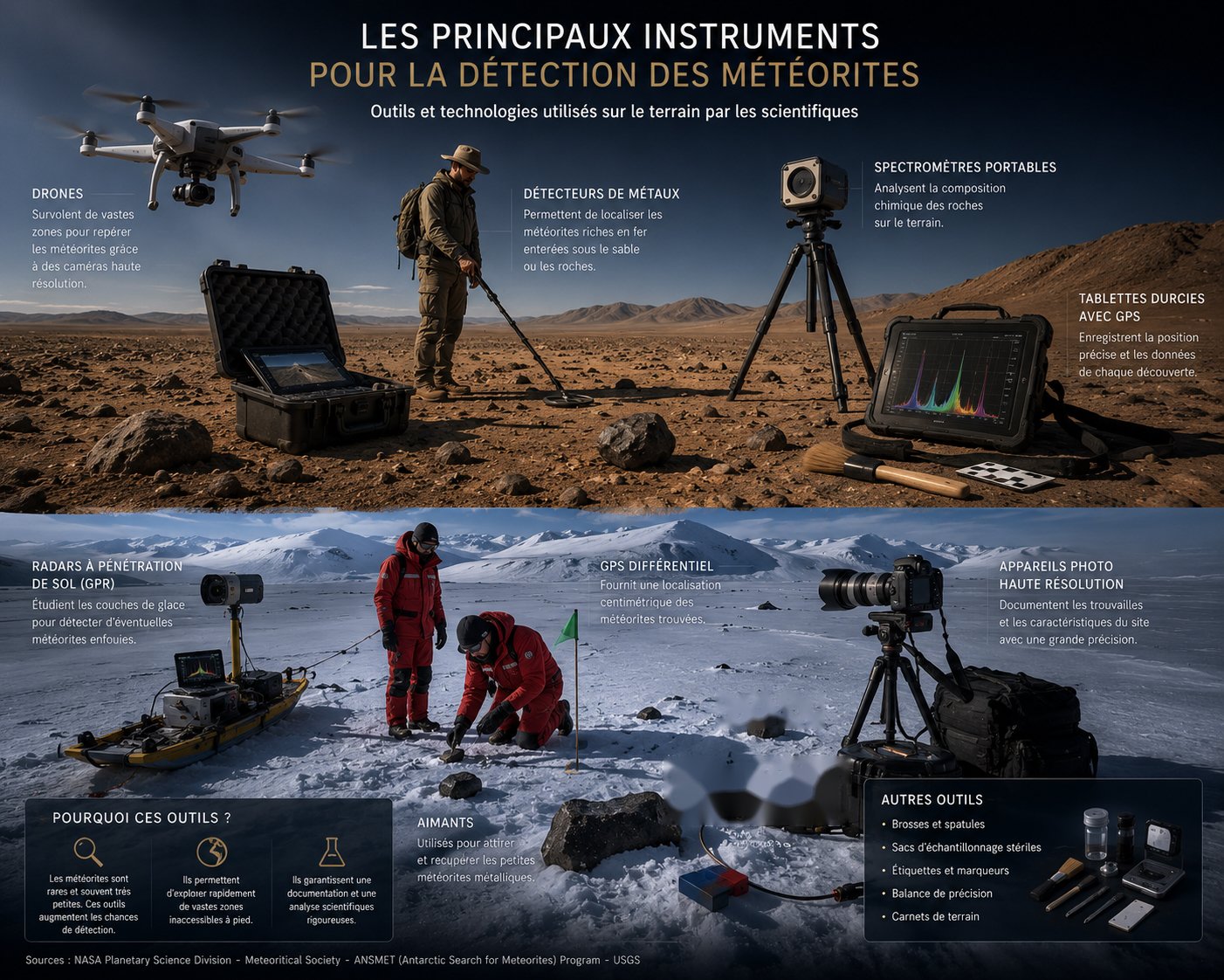 Équipement du chercheur de météorites pour déserts chauds et froids (illustration)
