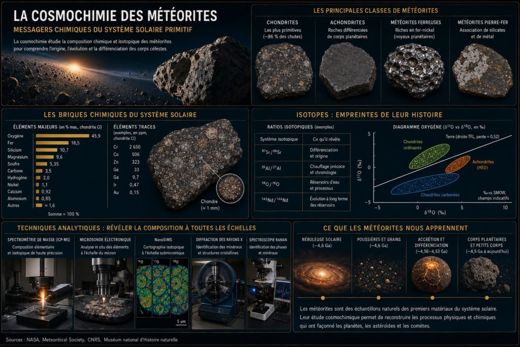 Infographie de la cosmochimie : composition, isotopes et techniques d'analyse des météorites
