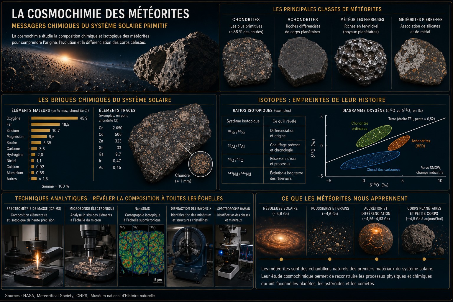 Infographie de la cosmochimie : composition, isotopes et techniques d'analyse des météorites