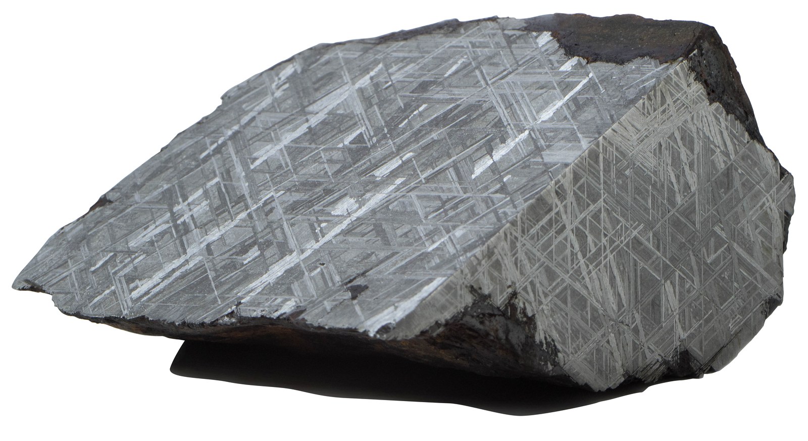 Tranche de la météorite ferreuse Muonionalusta, sciée et attaquée à l’acide, montrant le réseau entrecroisé des figures de Widmanstätten.