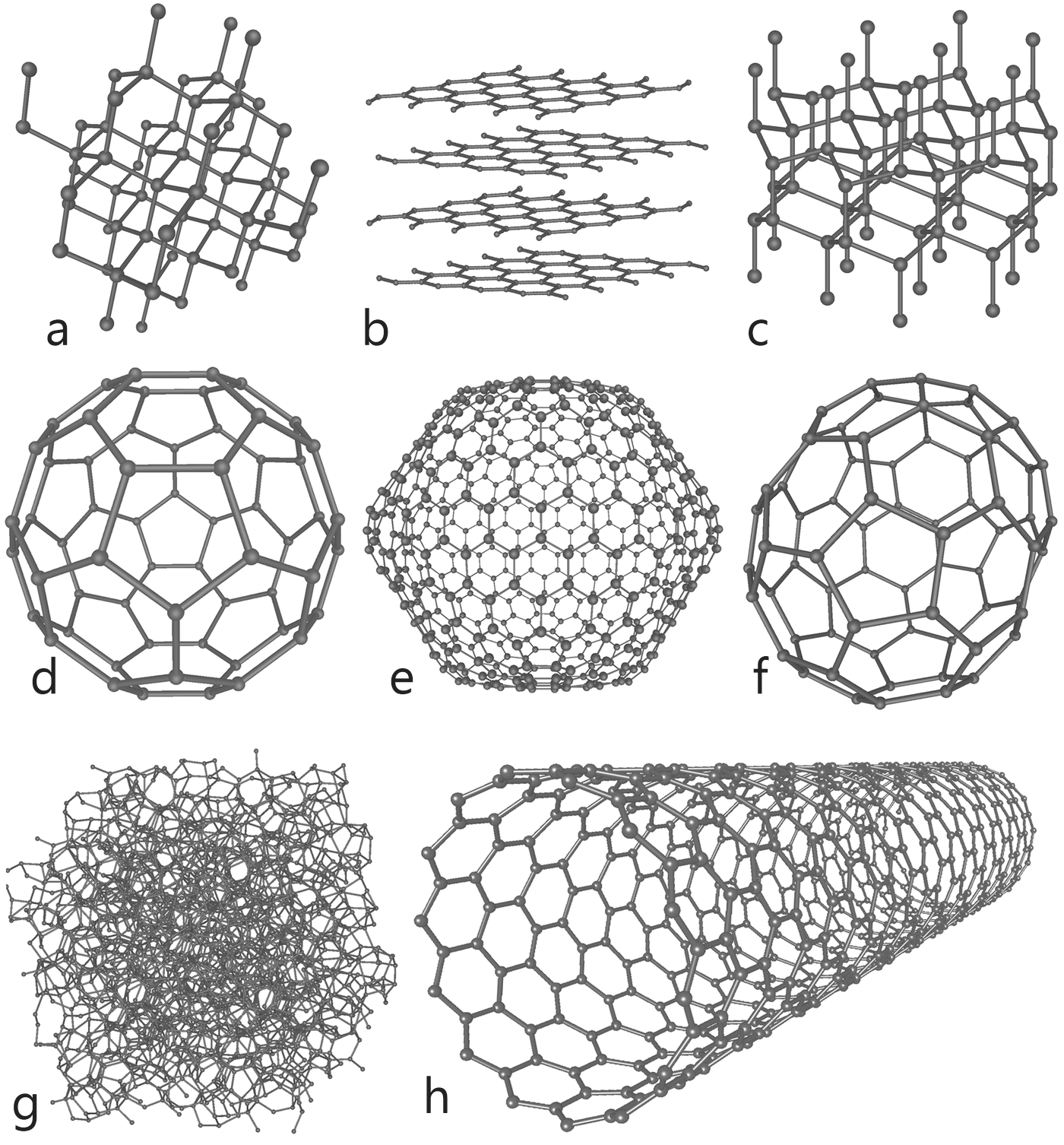 Huit structures moléculaires du carbone représentées en modèles boules et bâtonnets.