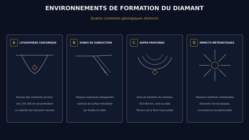 Schéma en quatre panneaux sur fond sombre présentant les environnements de formation du diamant : racines cratoniques, zones de subduction, diamants super-profonds et impacts de météorites.