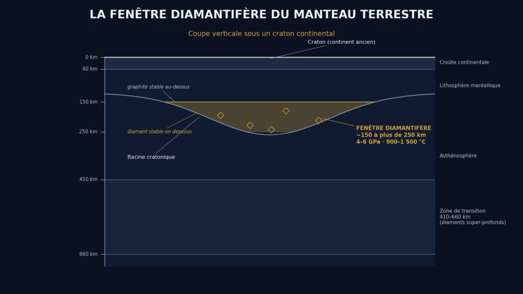 Coupe schématique de la croûte et du manteau terrestres montrant la fenêtre de stabilité du diamant sous les cratons, d'environ 150 à plus de 250 km de profondeur, et la zone des diamants super-profonds entre 410 et 660 km.
