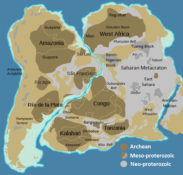 Carte des cratons archéens et des ceintures protérozoïques de l'Amérique du Sud et de l'Afrique assemblées en configuration Gondwana occidental