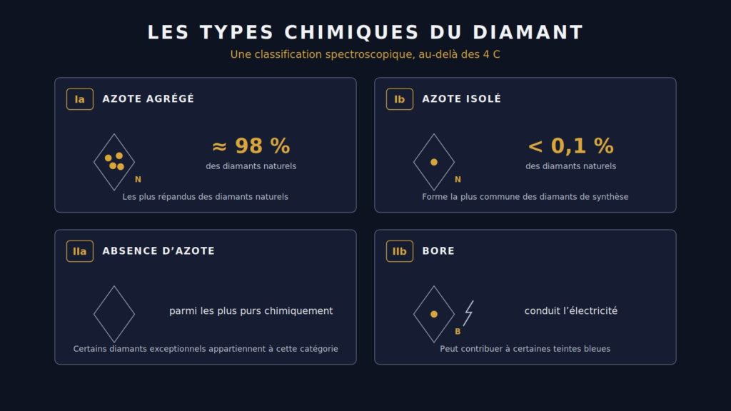 Quatre panneaux présentant les types chimiques du diamant : Ia azote agrégé, Ib azote isolé, IIa absence d'azote, IIb bore.