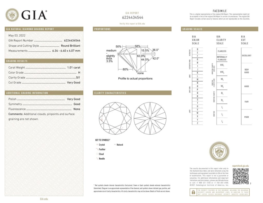 Rapport de gradation GIA d’un diamant naturel taille brillant rond de 1,01 carat, couleur H, pureté SI1.