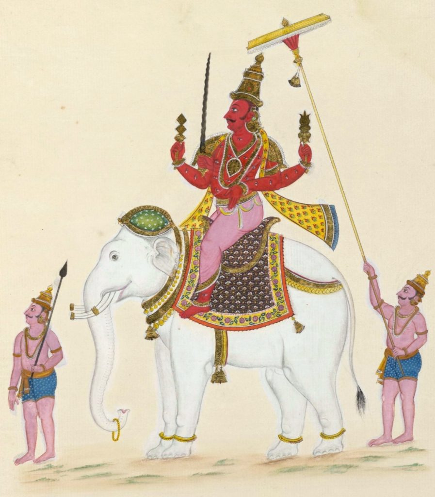 Indra, le vajra à la main, sur l'éléphant blanc Airavata, gouache indienne du début du XIXᵉ siècle.