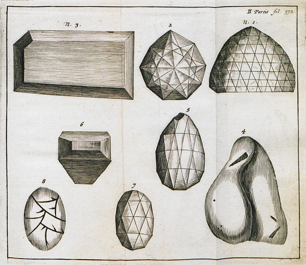 Planche gravée des Six Voyages de Tavernier : huit diamants célèbres dessinés au trait, dont le Great Mogul.