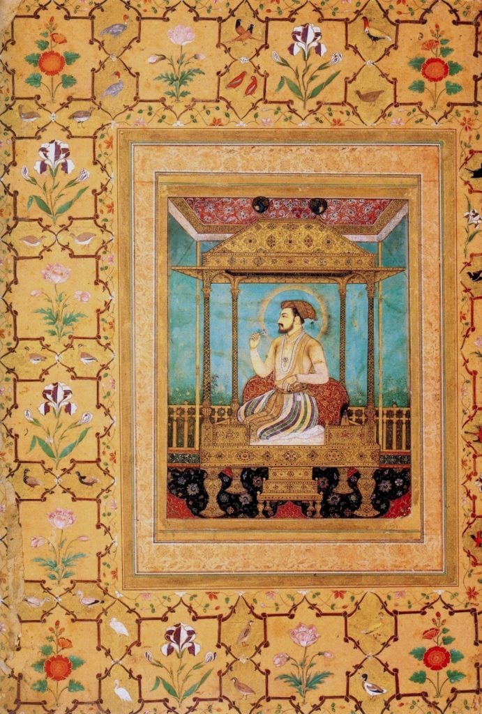 Shah Jahan assis sur le Trône du Paon, miniature moghole de Govardhan, vers 1635.