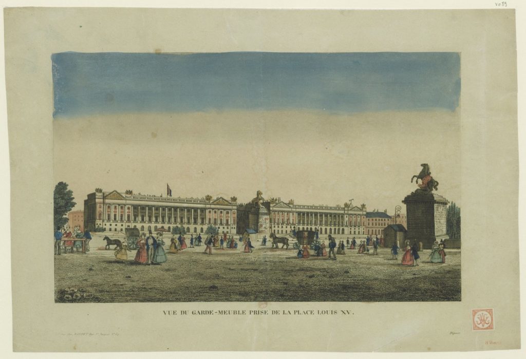 Estampe coloriée du XVIIIᵉ siècle : l'Hôtel du Garde-Meuble vu de la place Louis XV.