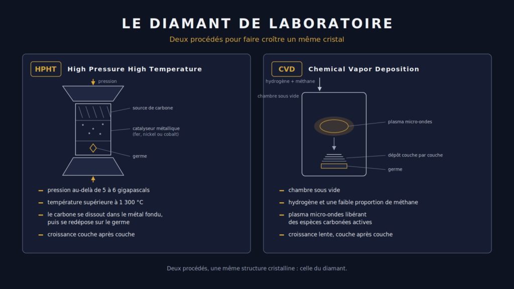 Deux vignettes de principe : presse HPHT avec cellule contenant source de carbone, catalyseur métallique et germe sous pression, et chambre CVD avec plasma micro-ondes déposant le carbone couche par couche sur un germe.